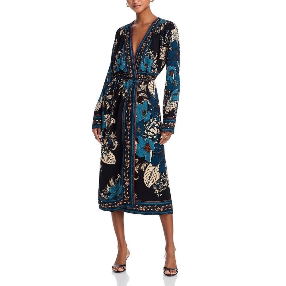 FARM Rio Blossom Tapestry Long Sleeve Wrap Midi Dress Boho Floral Black Blue XL